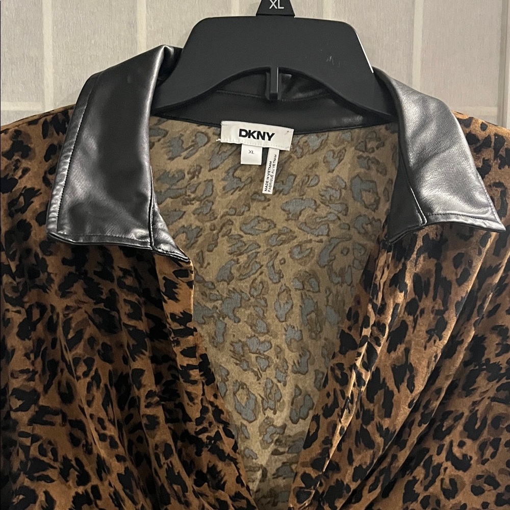 DKNY Brown Leopard V-Neck Sweater with Faux Leather Black Trim